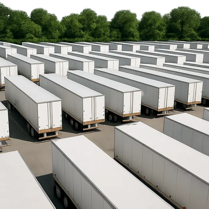 Aerial view of a depot lot filled with neat rows of identical trailers, representing a bulk Form 2290 filing for a whole fleet