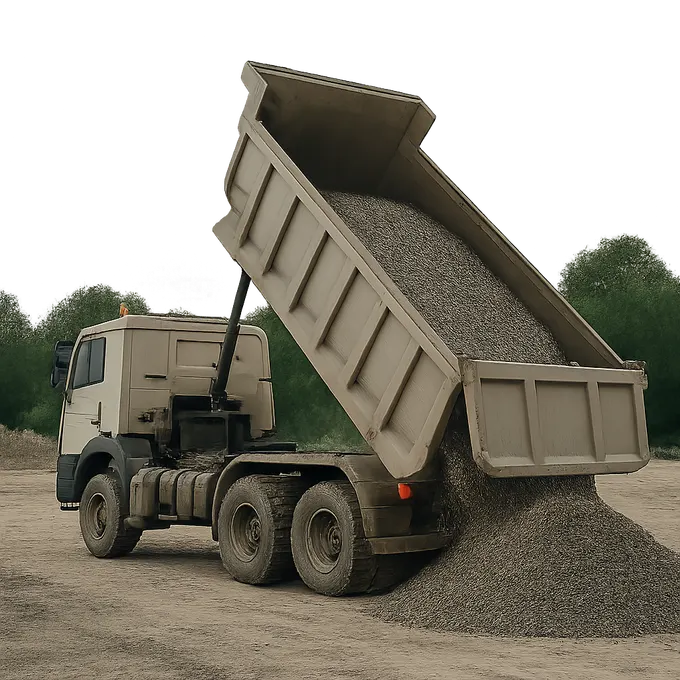 A loaded dump truck tipping gravel on a worksite, illustrating the taxable gross weight increase that triggers a Form 2290 amendment