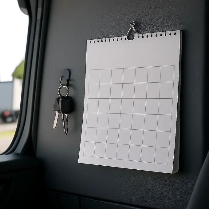 A wall calendar and a set of keys hanging in a truck cab, marking the Form 2290 filing deadline