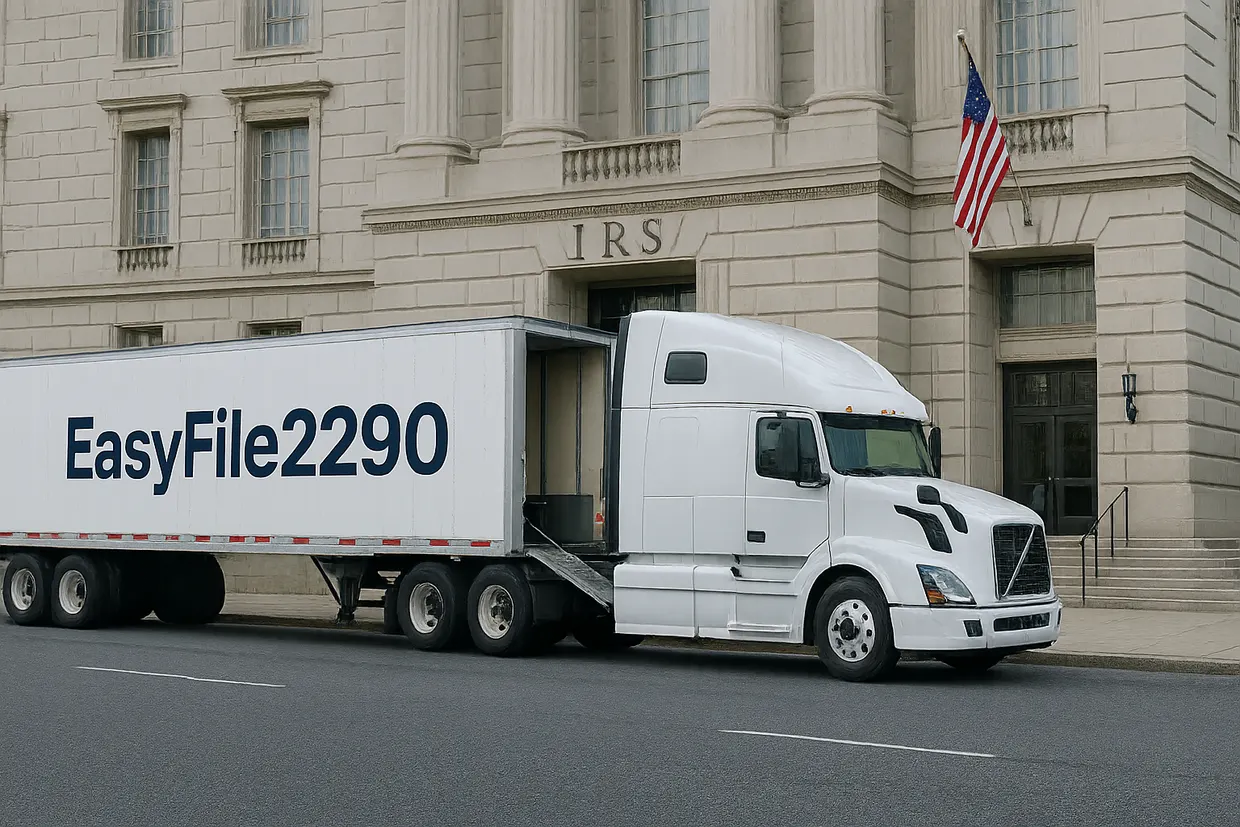 An EasyFile2290 truck parked at the entrance of the IRS building to file Form 2290 returns