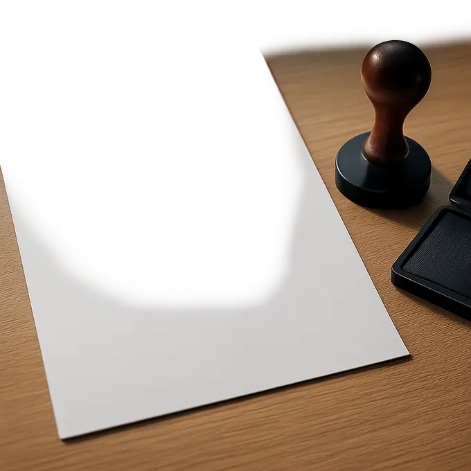 A rubber stamp and ink pad resting beside a printed sheet on a desk, standing in for the IRS stamped Schedule 1