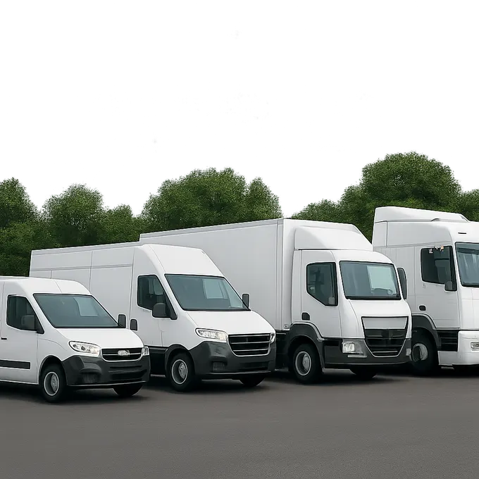 Five commercial vehicles lined up from a small van to a heavy semi tractor, showing the Form 2290 taxable gross weight categories
